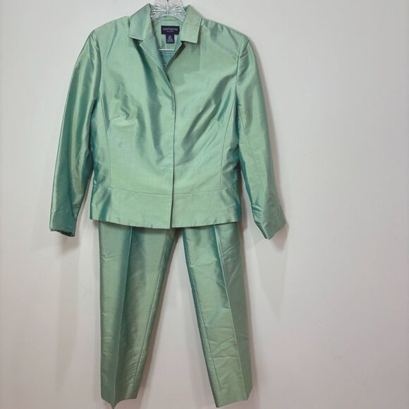 VTG Ann Taylor Iridescent Green Silk Sateen Pants Suit Womens 12P Church Easter - Picture 1 of 16